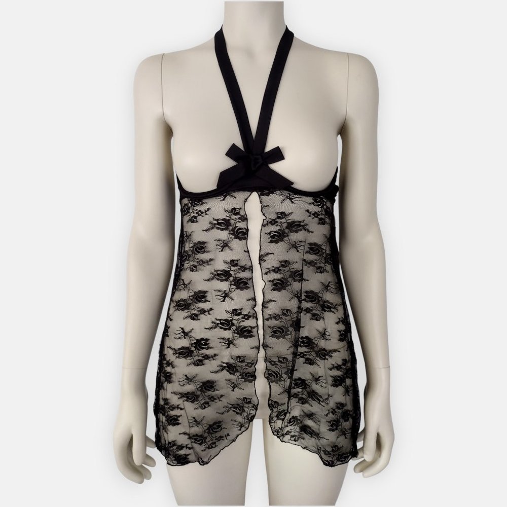 Vintage 2000s Frederick’s of Hollywood Black Lace Open Cup Halter Babydoll
